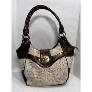MC Croc Embossed Shoulder Bag Cream Brown Turn Lock Braided Handles Purse